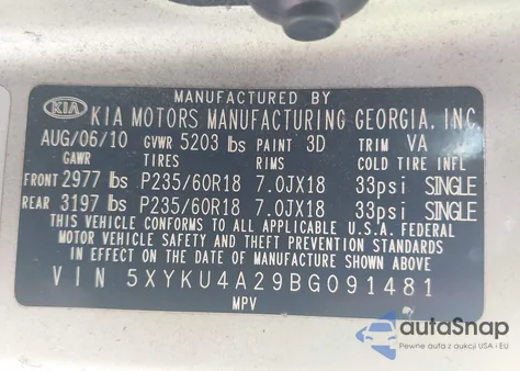 2011 Kia Sorento Ex V6 из США, поврежденный, VIN 5XYKU4A29BG091481